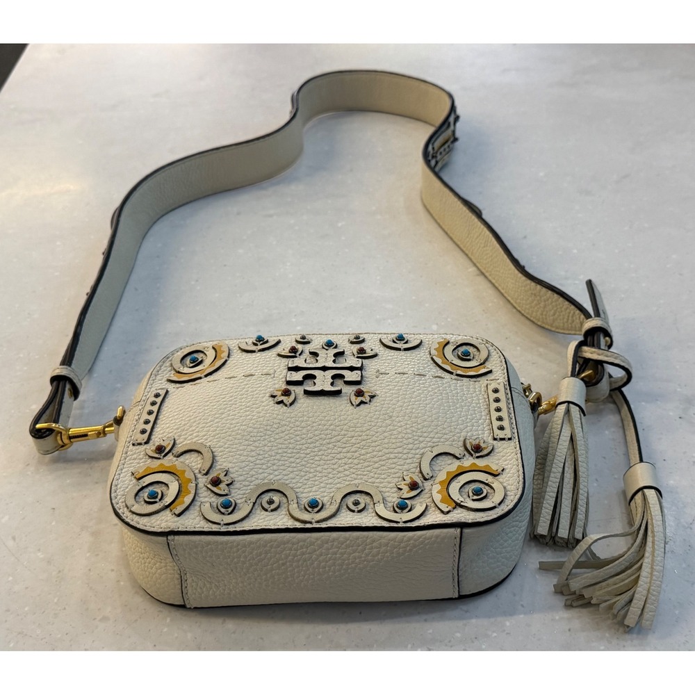Tory Burch McGraw Mixed Materials Camera Bag White Leather Crossbody Tassels - Picture 3 of 13